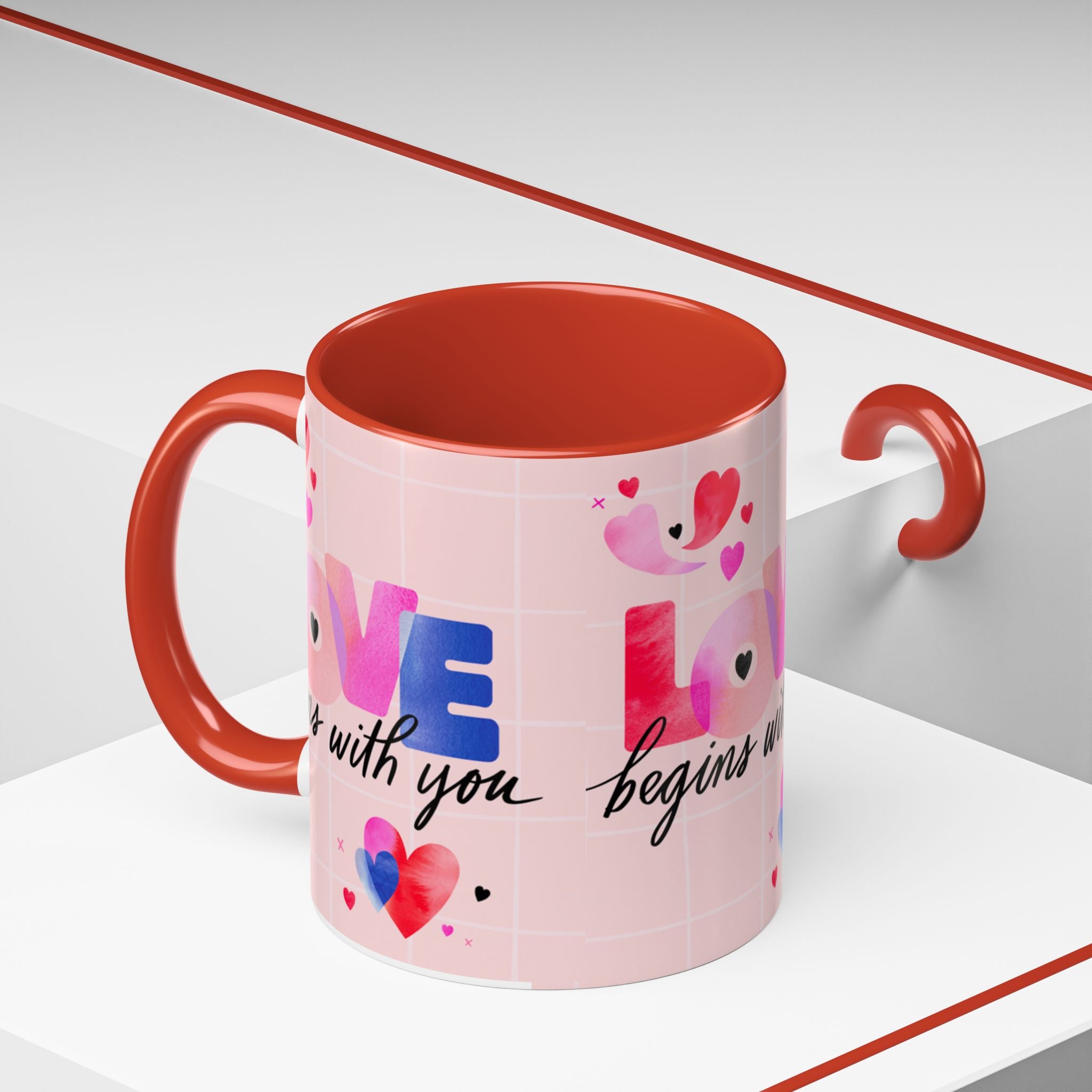 Love Begins With You Accent Coffee Mug — Pink Valentine Heart Ceramic Mug (11/15oz)