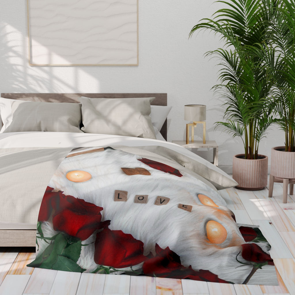 Arctic Fleece Blanket — Romantic Red Roses & 'LOVE' Scrabble Tiles Cozy Throw